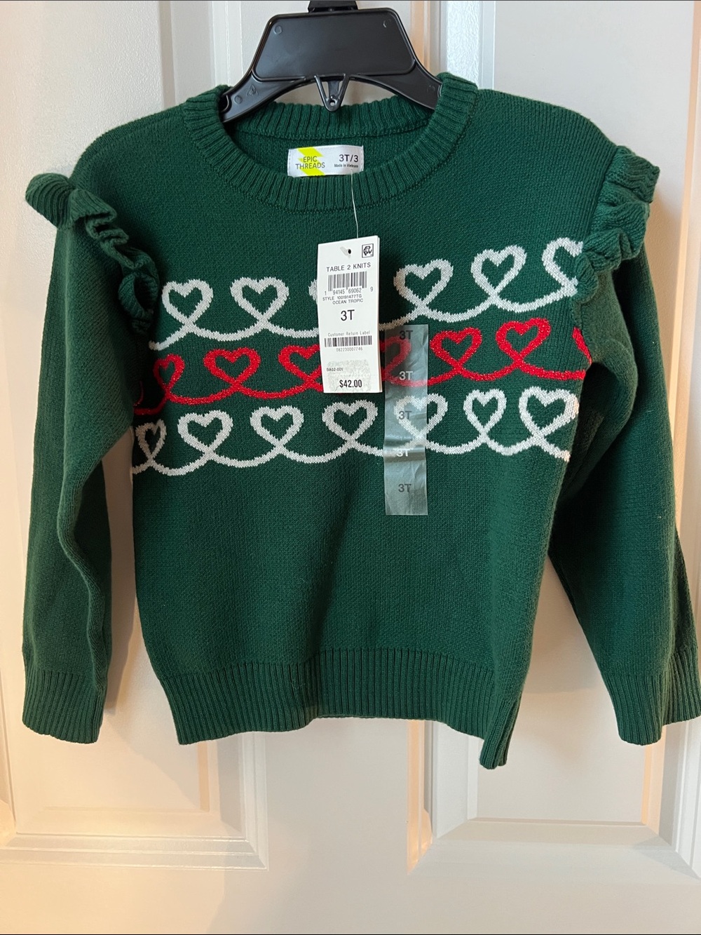 Epic Threads Green Sweater with White & Red Heart Rows new tags epic threads